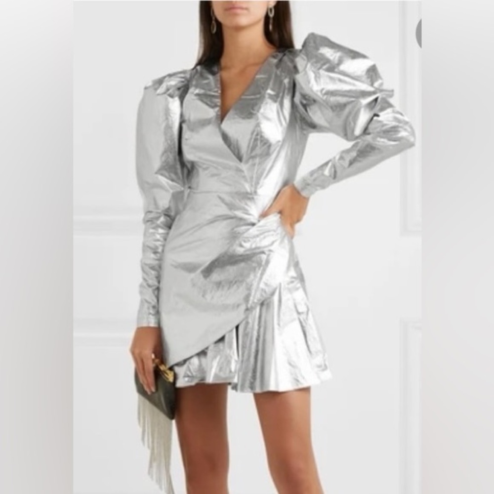 Metallic Silver Puff-Sleeve Wrap Mini Dress